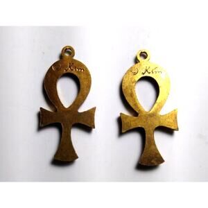 EGYPTIAN ANKH Pendant Charms Lot Of (2) Kim Co. Vintage Brass 1960's Hippy Craze
